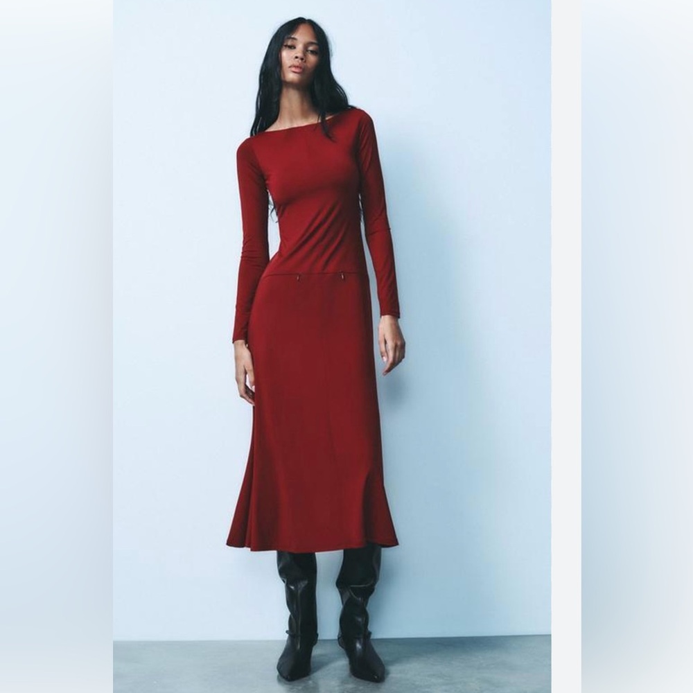 ZARA size S Elegant Red Long Sleeve Dress